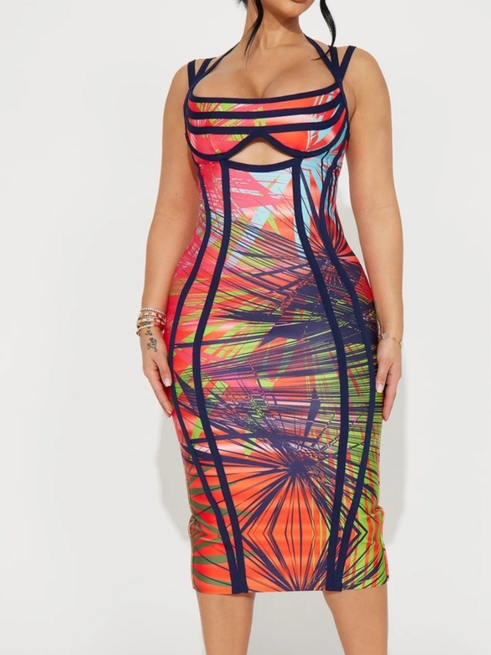 Tropical-Print Bandage Midi Dress - Multi Color